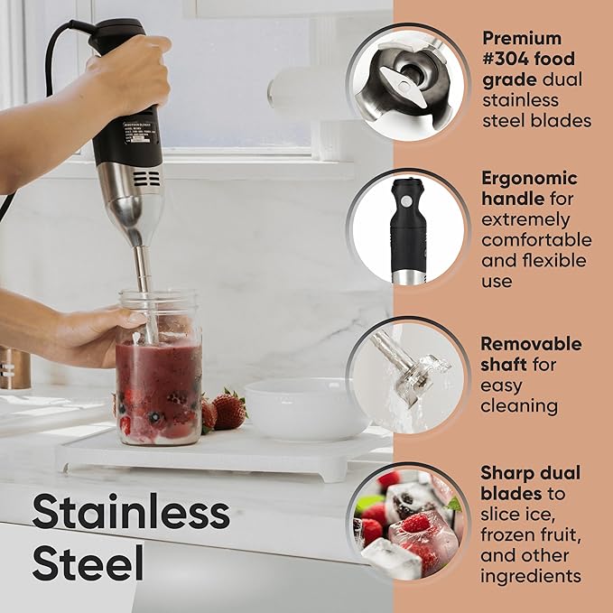 Handheld Immersion Blender 220W - 7??Stainless Steel with 8 Speeds - 110V + 1-Yr Coverage and 24/7 Pro Chef Support