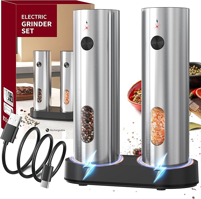 Electric Salt and Pepper Grinder Set (with Rechargeable Base), Featuring LED Lighting, Ideal for Kitchen and Outdoor Use.