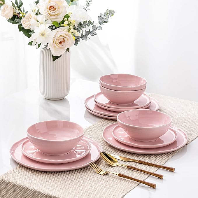 LERATIO Ceramic Dinnerware Sets for 4,Porcelain Plates and Bowls Sets with Wavy Edge,Microwave & Dishwasher & Oven Safe,Light Weight & Scratch Resistant Dishes Sets-Service for 4 (12pcs)-Pink