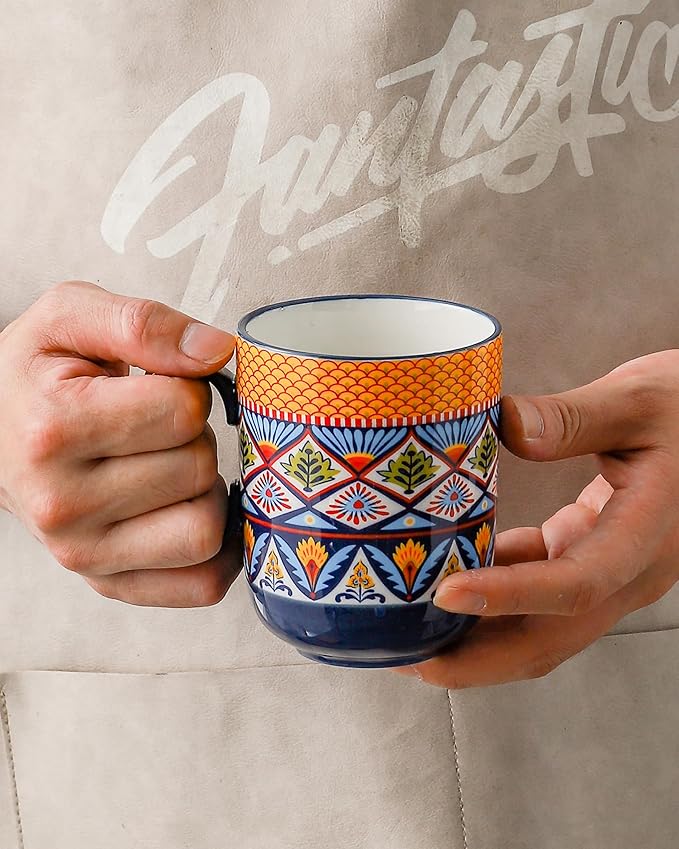 HENXFEN LEAD Boho Ceramic Coffee Mugs Set of 6 ??14 oz Porcelain Cups for Latte, Cappuccino, Tea & Cocoa ??Microwave & Dishwasher Safe