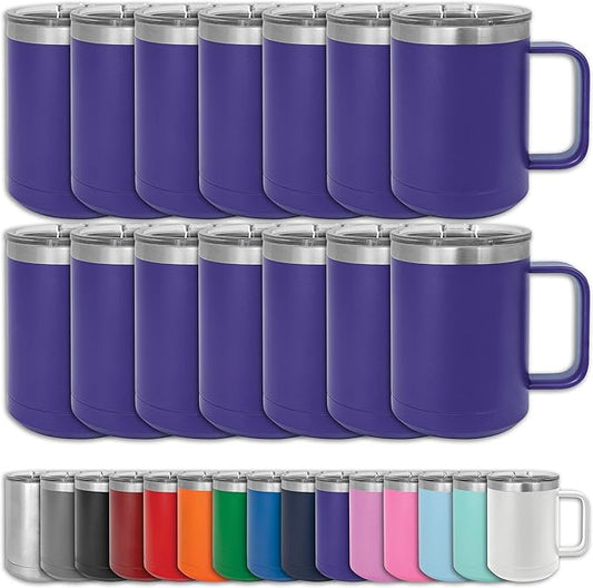 Clear Water Home Goods - (Bulk Pack of 12-15 oz Double Wall Coffee Mug with Lid and Handle, Double Insulated Stainless Steel Travel Tumbler Cup - Powder Coated - Purple