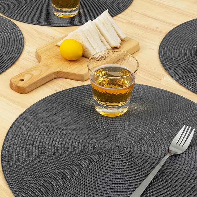Winknowl Round Braided Placemats Set of 6 Washable Woven Heat Resistant Table Mats for Kitchen Dining Tables 15 inch Round Place Mats (Dark Gray,6pcs)