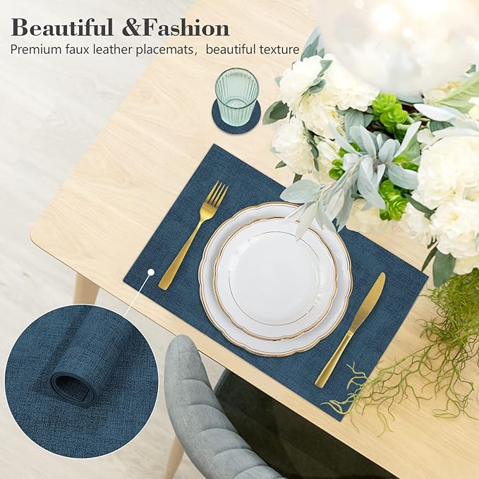 JUCCWARM Faux Leather Placemats Set of 6,Heat Resistant Placemats for Dining Table, Easy Clean Non-Slip Place Mats, Waterproof Stain Resistant Wipeable Washable PU Table Mats, (Navy Blue)