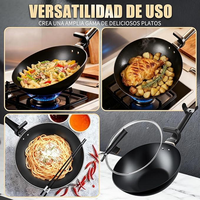 Carbon Steel Wok Pan, Non-stick saut챕 pan,13 Inch Woks & Stir-fry Pans Nonstick with Ergonomic Handle, Cookware, Pots and Pans,Versatile Bottom Chinese Woks for All Stoves