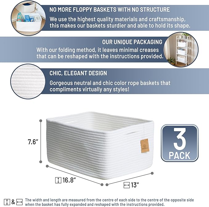 NaturalCozy Storage Baskets 16.8?쓝13?쓝7.6??Cotton Rope Woven Baskets for Organizing 3-Pack | Toy Storage Bins | Basket for Shelves, Laundry, Blanket, Clothes, Closet, Kitchen, Bathroom, Gifts