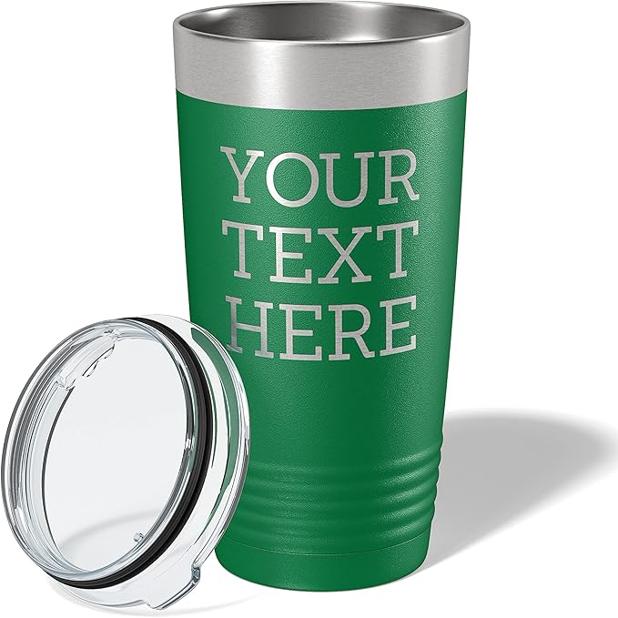Personalized 20oz (17 Colors) Powder Coated Insulated Stainless Steel Tumbler with Lid, Custom Etched, Customized Text Message Name, Engraved Gift Idea Women Men Him Her, Your Text Here (Green)