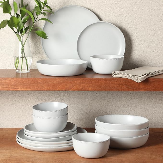 Gibson Elite Menlo Park 16-Piece Pottery Clay Stoneware Dinnerware Set ??White Reactive Glaze, Embossed Plates and Bowls W/Pasta Bowl, Service for 4 ??Microwave & Dishwasher Safe