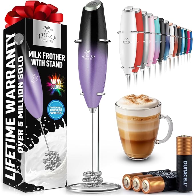 Zulay Kitchen Patented Tornado Triple Whisk Milk Frother with 4 Duracell Batteries ??Handheld Foam Maker for Coffee, Lattes, Matcha & Hot Chocolate ??Rich, Creamy Froth in Seconds