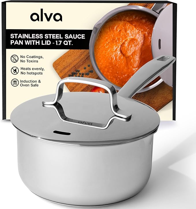 Alva Maestro 1.7QT Stainless Steel Saucepan with Lid ??Non-Toxic Easy to Clean Pot, Oven Safe ??Lasered Engrave Measurement, Induction Ready ??Belgian-Designed for Effortless, Healthy Everyday Cooking