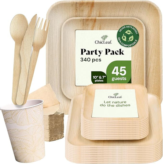 Chic Leaf Compostable Palm Leaf Plates & Cups Set - 10 In & 7 In Pack of 45, Natural - Biodegradable Tableware & Disposable Plates & Cups - Durable Bamboo Utensils, Thanksgiving Dinner