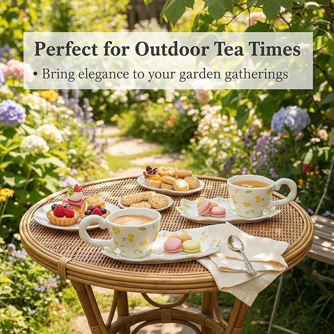 Unique Ceramic Tea Cup and Saucer Set, Coffee Mug, Cup and Saucer Set, Cute Fancy Girly Afternoon Tea Set Purse Gift, 5.4 oz/160 ml Vintage Style, For Women and Tea Parties, Yellow flowers