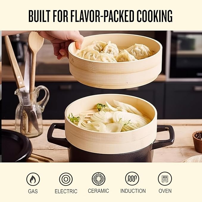 Alva Nori 2.5-Qt Enameled Cast Iron Dutch Oven Steamer Set ??Made With No PTFE/PFOA/PFAS, Oven & Induction Safe ??3-Layer Enamel, No Seasoning Needed ??Durable, Easy-Clean Cocotte with 2 Steamer Inserts