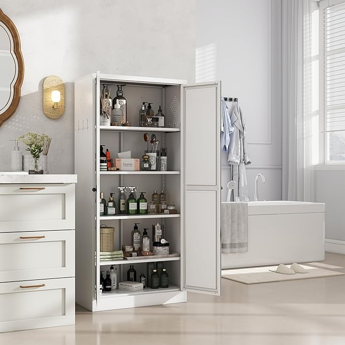 Kitchen Pantry Cabinet, 61" H Storage Cabinet with Doors and Adjustable Shelves, Metal Bathroom Cabinets, Utility Cabinets for Kitchen, Home Office, Garage, Assembly Required, White