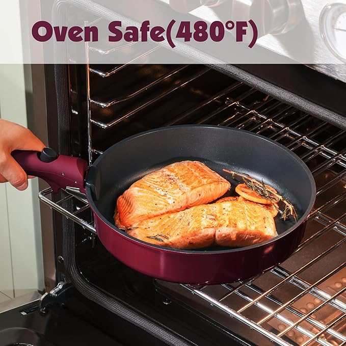 SENSARTE 17 Piece Pots and Pans Set, Nonstick Detachable Handle Cookware Set, Induction Thermo-Signal Cookware Set with Removable Handle, Healthy Non Stick for RV, Dishwasher 竊?Oven Safe (Purple)