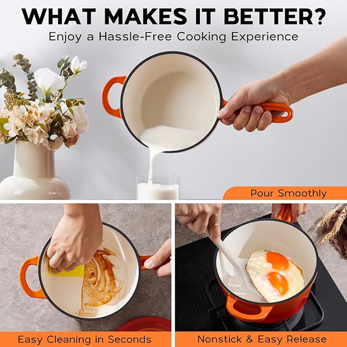 Onader Enameled Cast Iron Sauce Pan Pot, 1QT Saucepan with Lid, Small Enamel Dutch Oven Kitchen Cooking Pot ??Sunset Orange