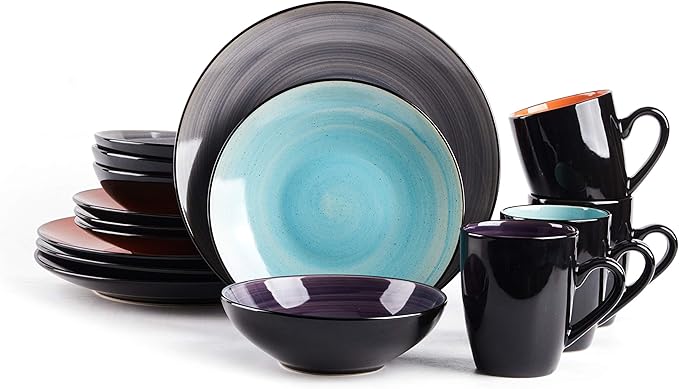Stoneware Sonoma 16pc Dinnerware Set, Black + Speckled Spin Wash Mix Colors Grey, Orange, Purple, Turquoise