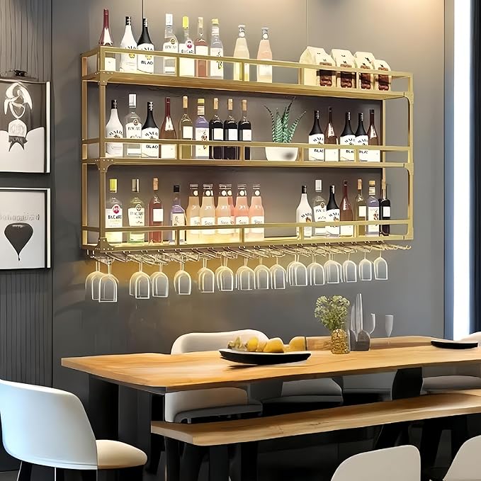 79 Inch Metal Wine Rack Wall Mounted, Bar Shelves Wall Mounted with LED Light, Large 3-Tier Liquor Bar Display Shelf with Wine Glasses for Home Bars, Dining Room & Kitchen, Gold