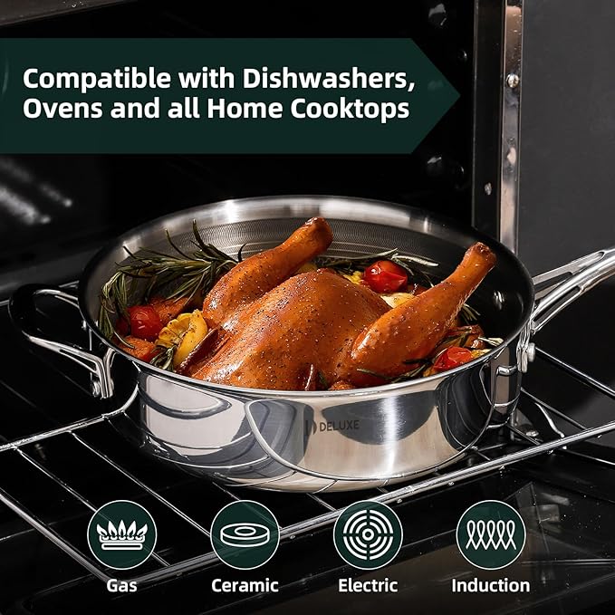 DELUXE Hybrid Ceramic Nonstick 3.7 Qt Deep Saut챕 Pan with Lid, Stainless Steel Skillet with Stay-Cool Handles, Dishwasher and Oven-Safe, PFOA Free Deep Frying Pan, Compatible with All Cooktops