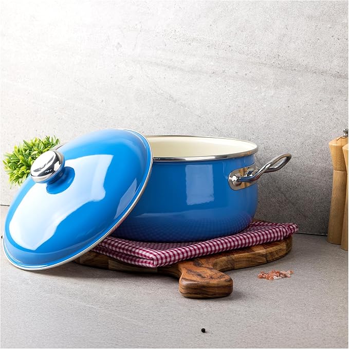 VITA 6-Quart Dutch Oven (Blue) with Lid for All Stove Tops (Enamel on Steel) Dishwasher & Oven Safe up to 500 ??- Quick & Even Heat Distribution - Enameled Interior is Non-Reactive & Easy to Clean