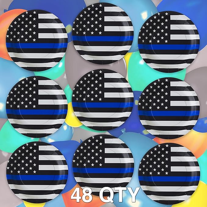 Havercamp Police-Thin Blue Line 9??Plates (48 pack)! 48 Lg. Round Dinner Plates in the Official Thin Blue Line Flag Pattern.