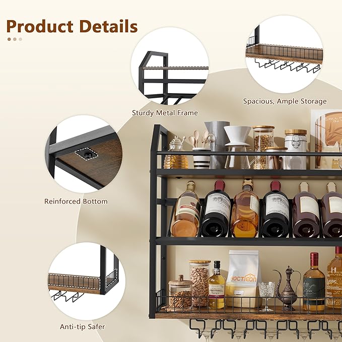 Hoctieon Wall Mount Wine Rack, Wall Mounted Wine Bottle Rack for Display and Storage, Hanging Bottle Holder, for Living Room, Dining Room,Bar, Wine Cellar, Rustic Brown
