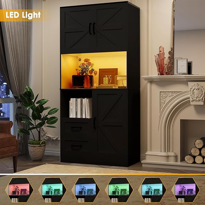 Kitchen Pantry Storage Cabinet with LED Lights and Power Strip, Tall Farmhouse Kitchen Pantry with Barn Doors and Drawers, Adjustable Shelves for Dining Living Room (Black)