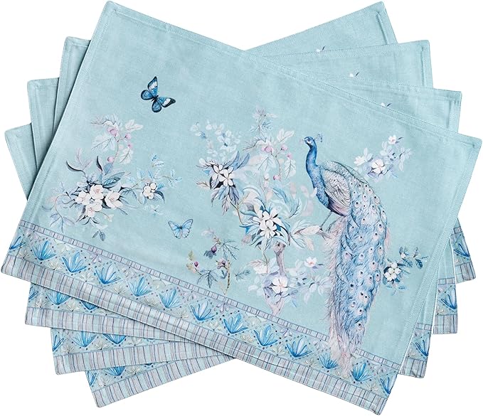 Maison d' Hermine Placemat 100% Combed Cotton Premium Set of 4 Decorative Washable Place Mats Table Cloth Placemat, Dining & Camping - Peacock Utopia - Pastel Turquoise(13"x19")