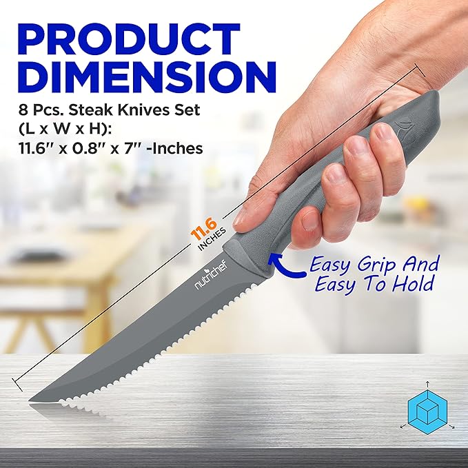 NutriChef Steak Knife Set of 8 - Premium Serrated Stainless Steel Kitchen Knife Set - Ergonomic Design, Sharp Blades, Non-Stick, & Rust-Resistant - Perfect for Home, BBQ's & Restaurants Gray