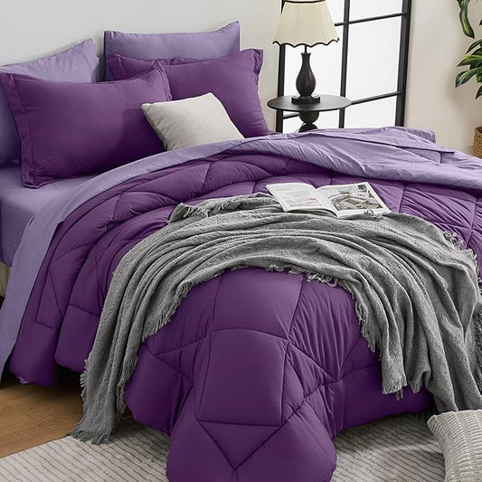 HEVUMYI Purple & Light Purple King Comforter Set - 7-Piece All Season Bed in a Bag King, Ultra Soft Bedding Set with Comforter, Flat Sheet, Fitted Sheet, Pillowcases, Pillow Shams
