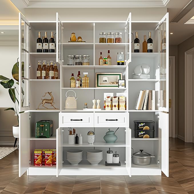 MU Kitchen Storage Cabinet with Glass Doors, Large China Hutch with 2 Drawers & 5 Adjustable Shelves, Kitchen Pantry Hutch for Home Office, Living Room, White (15.8" D x 63" W x 70.9H)