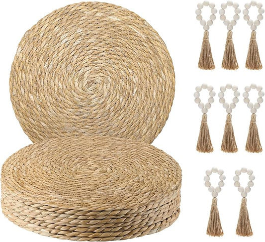 Hardcometrue Woven Placemats Set of 8, 13.8" Natural Water Hyacinth Round Rattan Placemats with Wooden Beads Napkin Rings for Kitchen Dining Table Decor