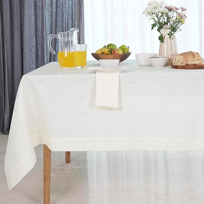 D'Moksha Homes Linen Ivory Tablecloth 60 x 102 Inch - 100% Pure Linen Rectangular Table Cloth - Machine Washable Tablecloth for Valentines, Spring, Easter