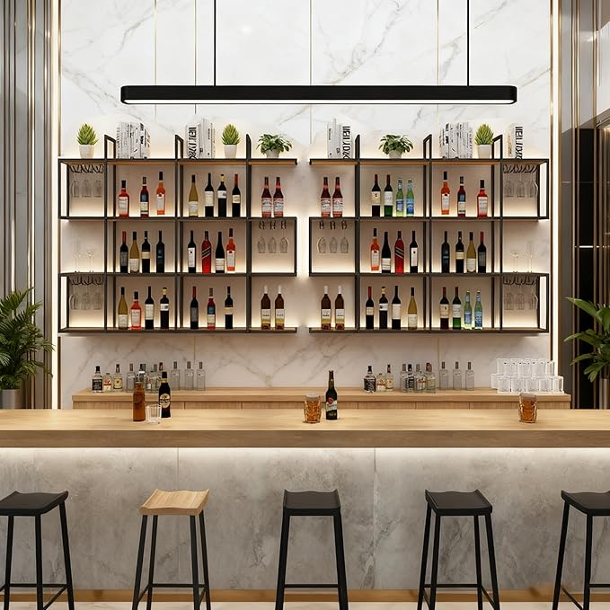 71IN Large Wall Mounted Wine Rack with LED Light, Metal 4 Tier Floating Wine Shelf with Glass Holder, Modern Hanging Bar Liquor Bottles Storage Rack for Home Bar Dining Room Decorative (70.8in/180cm)