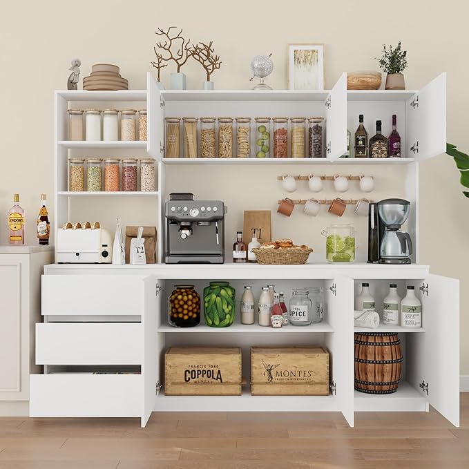 Large Kitchen Hutch Cabinet with Microwave Stand, Storage Cupboard Pantry with 3-Tier External Shelves and 3 Drawers, Ktichen Food Pantry with Open Countertop for Dining Room, White