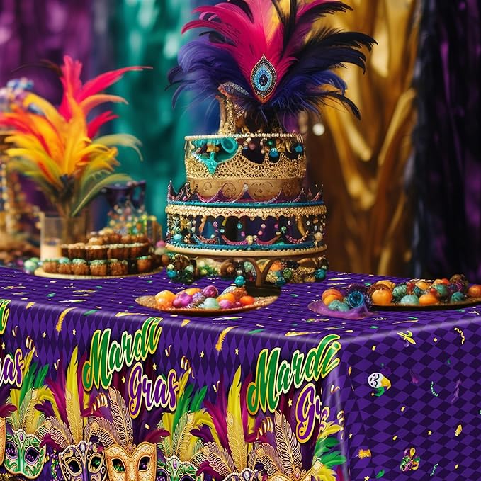 3 Pcs Mardi Gras Decorations, 54 X 108 Inches Rectangular Mardi Gras Tablecloth, Plastic Purple Table Cover With Masquerade Mask Design, Fat Tuesday Tablecover For Masquerade Party Picnic Dinner Decor