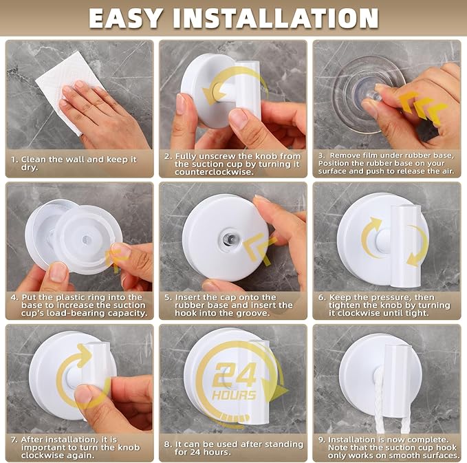 Suction Cup Hooks for Shower - Bathroom Reusable Hooks for Towels, Robes & Loofah - No-Drill Mounting on Kitchen,Walls,Metal,Glass,Mirrors,Tile & Smooth Non-Porous Surfaces (4, White)