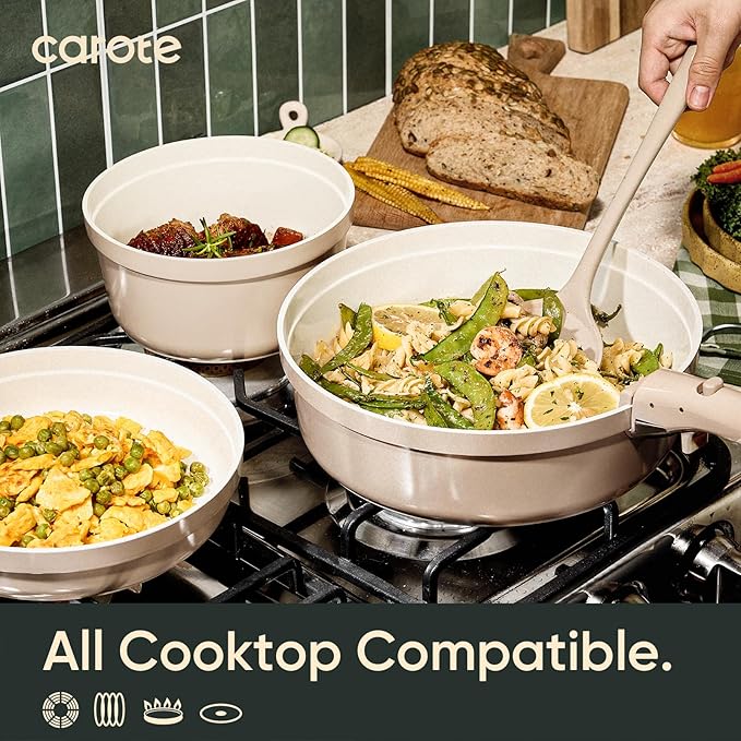 CAROTE 19 Pcs Ceramic Cookware Set Titanium Nonstick with Detachable Handles, Non Toxic Cookware, Pots and Pans Set Non Stick Removable Handles, Induction Available, Kitchen Cooking, Dishwasher Safe