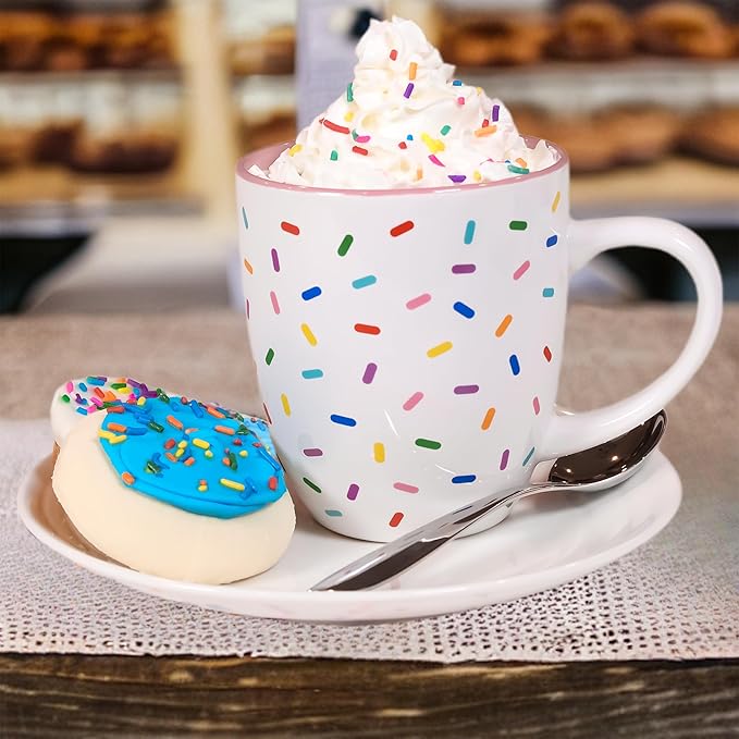Rose Pink Cute Coffee Mug with Rainbow Sprinkles | Birthday Cake Coffee Cup Gift | Large White Ceramic Cup | Ice cream and Dunkin Donuts Coffee Mugs