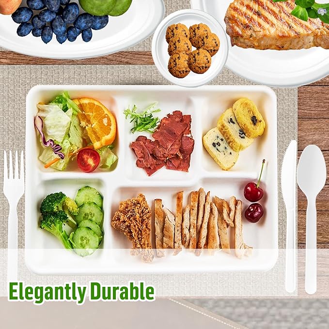 5 Compartment Compostable Heavy Duty Disposable Paper Plates, 300 Count | 10.2" X 8.3" | Natural Bagasse, White Biodegradable Eco-Friendly School Lunch, Buffet, Party Sugarcane Tray