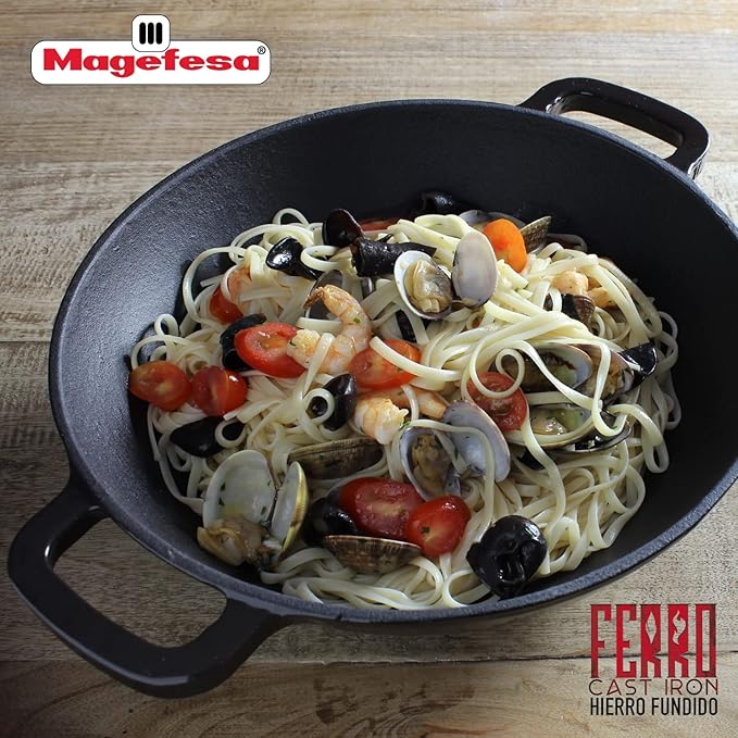 Magefesa FERRO 11.8" Cast Iron Red Wok with Enameled Cover & Inner Layer, Superior Heat Retention & Distribution, Induction & Oven Safe, Energy-Efficient, Durable, Easy to Clean