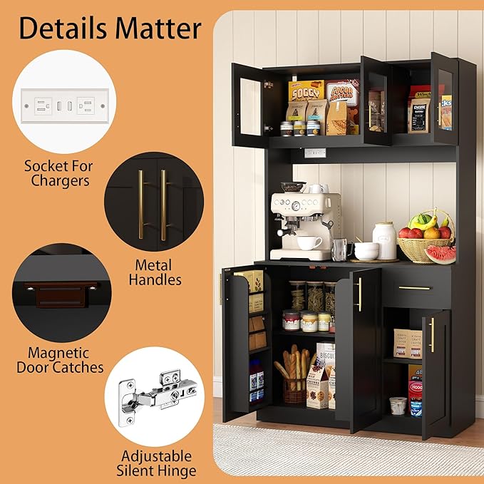 Tall Kitchen Pantry Cabinet with Hutch: Food Pantry Storage Cabinet with Drawers, Black Kitchen Cupboard Cabinets Free Standing, Buffet Hutch Cabinets with Doors and Shelves (Black)