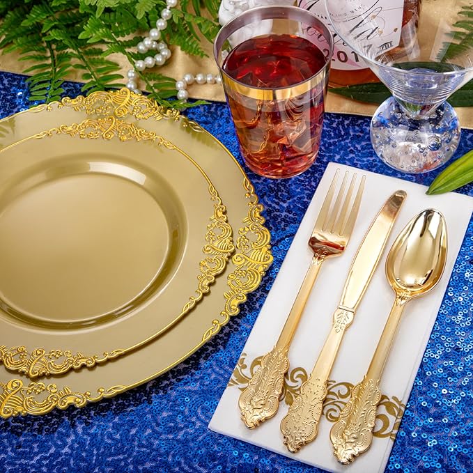 Morejoy 175PCS Solid Gold Plastic Plates with Gold Rim竊똤old disposable dinnerware sets Include 25 Dinner Plates,25 Dessert Plates,25 Cutlery Sets,25 Napkins Perfect for Party & Christmas