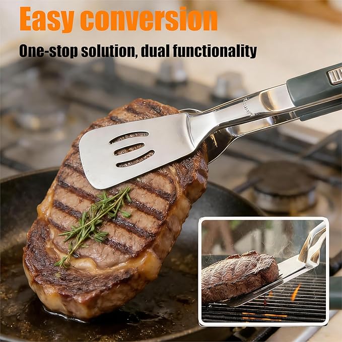 2-in-1 Stainless Steel Grill Clamp & Spatula Tongs ??Heavy Duty BBQ Cooking Utensil with Secure Sliding Lock Handle, for Grilling, Flipping, Serving ??Outdoor & Indoor Kitchen Tool Set (2 Pcs) (Black)