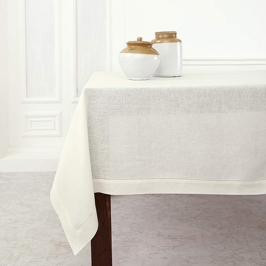 Solino Home Ivory Linen Tablecloth 60 x 90 Inch - 100% Pure Linen Hemstitch Table Cloth for Rectangle Tables - Classic Hemstitch, Machine Washable Tablecloth for Spring, Easter