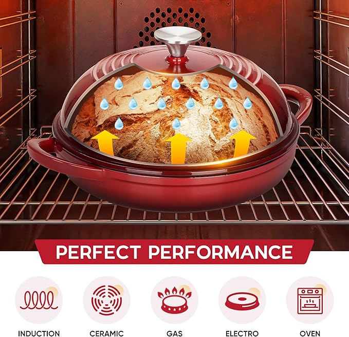E-far Dutch Oven for Sourdough Bread Baking, 6 Qt Round Enameled Cast Iron Dutch Oven for Homemade Artisan Bread, Dome Lid & Shallow Base, Matte Black Interior & Durable, Oven-Safe to 500?? Red