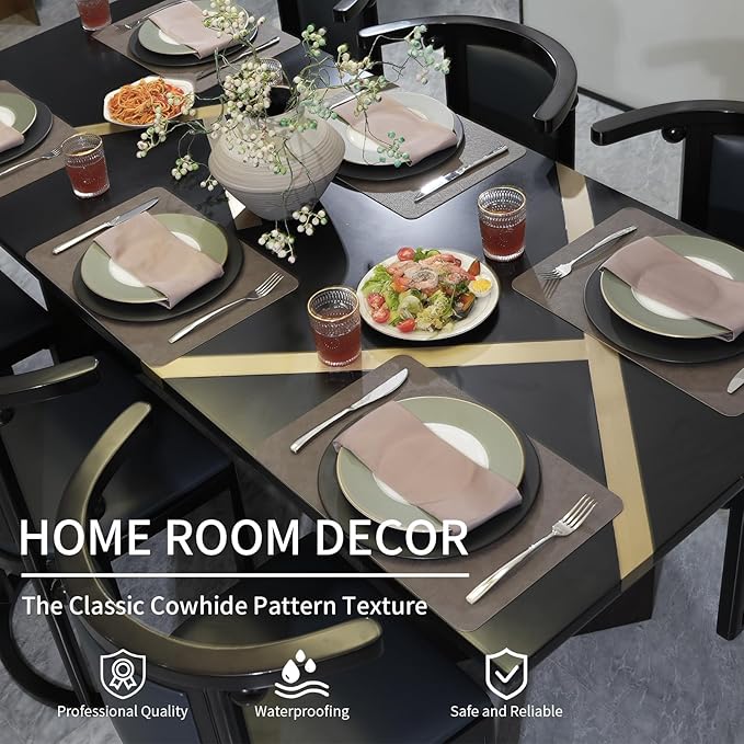 EDanle Cowhide Pattern Faux Leather Placemats Set of 6,Heat Resistant Non-Slip Waterproof Wipeable Washable Kitchen Dining PU Table Place Mats,Double-Sides Available,Grey Yellow