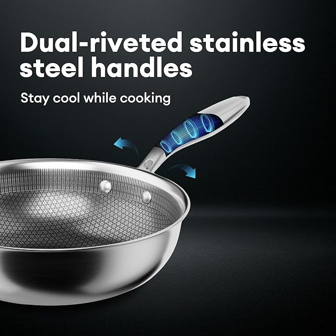 COOKER KING 11-Inch Wok with Lid, Hybird Nonstick Wok Professional Grade, Stainless Steel Woks & Stir-Fry Pans, Stay-Cool Handle, Dishwasher & Oven-Safe,Compatible with All Cooktops