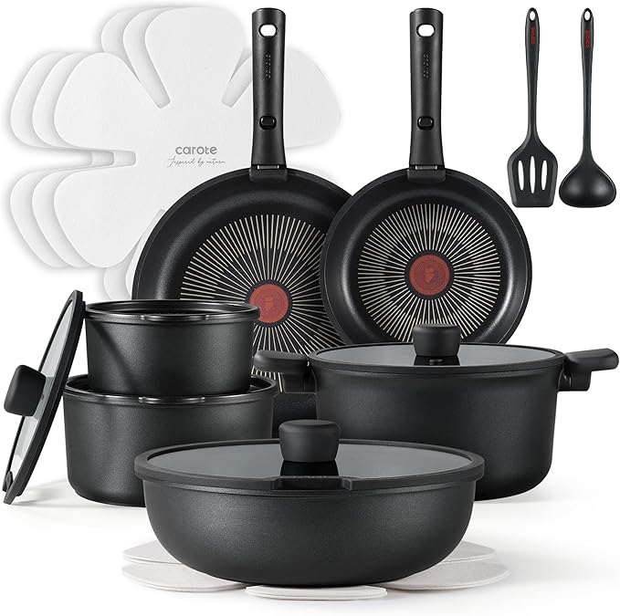 CAROTE 20pcs Non Stick Pots and Pans Set with Temperature Spot, Detachable Handle Nonstick Cookware Set Black, Dishwasher/Oven Safe,RV Camping Cooking Set, Kitchen Pot and Pan Set