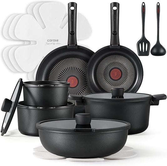 CAROTE 20pcs Non Stick Pots and Pans Set with Temperature Spot, Detachable Handle Nonstick Cookware Set Black, Dishwasher/Oven Safe,RV Camping Cooking Set, Kitchen Pot and Pan Set