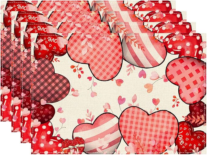 XCHI Love Hearts Valentine's Day Placemats Set of 4 Table Mats for Party Home Kitchen Dining Table Decorations 12x18 Inch